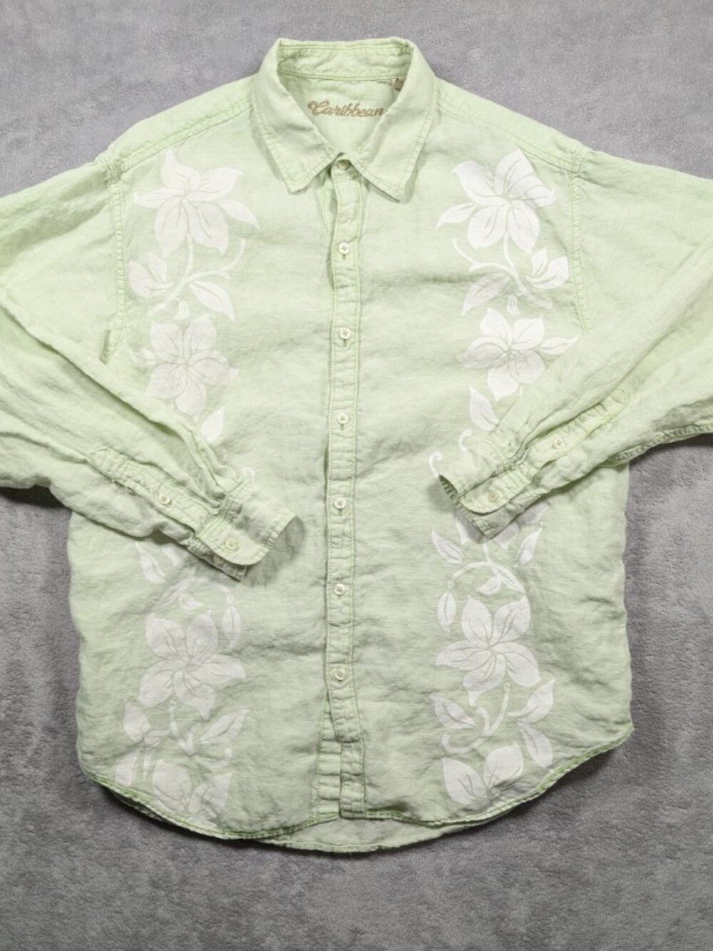 Caribbean Button Up Shirt Men XL 100% Linen Long Sleeve Hawaiian Floral Resort